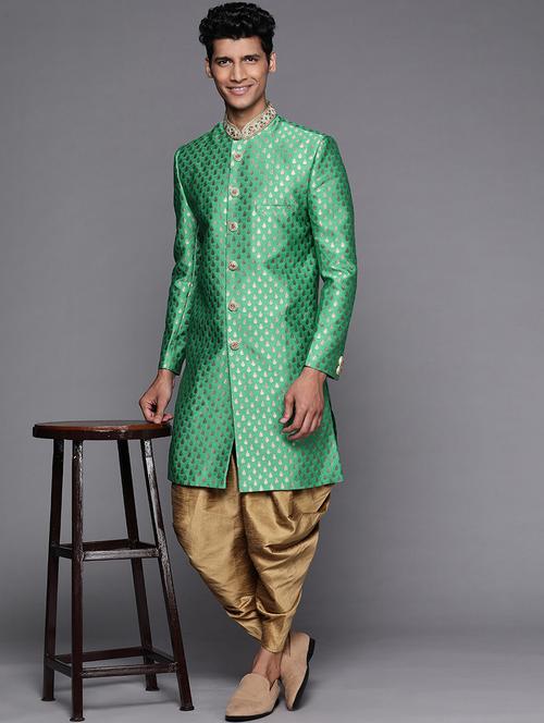 men green & brown self design sherwani set - 21098185 - Very Small Image - 1