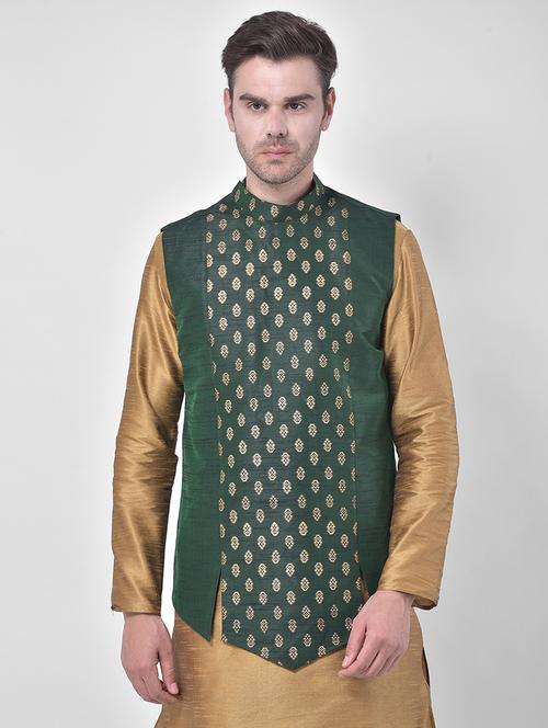 green colored silk nehru jacket - 21098811 - Very Small Image - 1