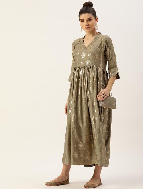 women olive v neck three quarter sleeves dress - 21100239 - Very Small Image - 1