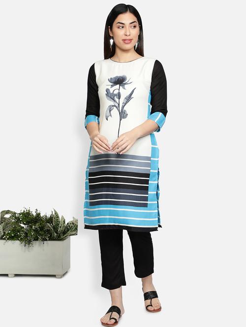 round neck color block straight kurta - 21100302 - Very Small Image - 1