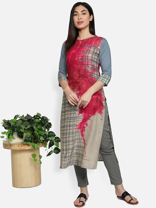 round neck printed straight kurta - 21100309 - Very Small Image - 1