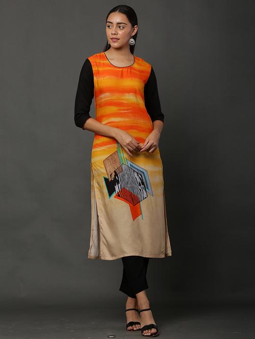 round neck printed straight kurta - 21100311 - Very Small Image - 1