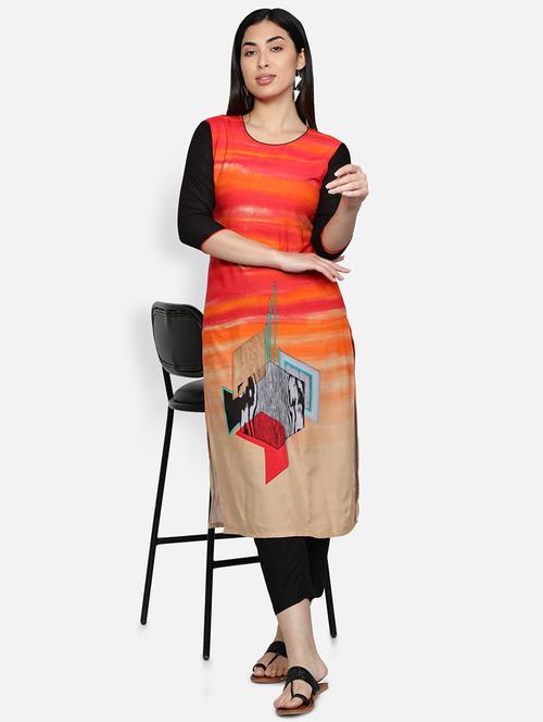round neck printed straight kurta - 21100317 - Very Small Image - 1
