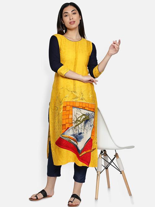 round neck printed straight kurta - 21100345 - Very Small Image - 1