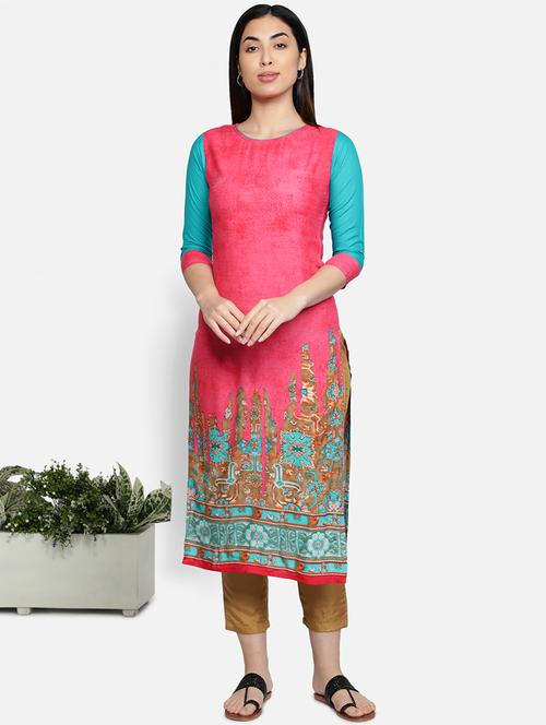 round neck printed straight kurta - 21100357 - Very Small Image - 1
