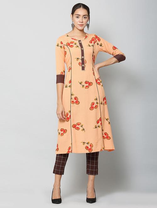 women peach mandarin neck a-line kurta - 21100441 - Very Small Image - 1