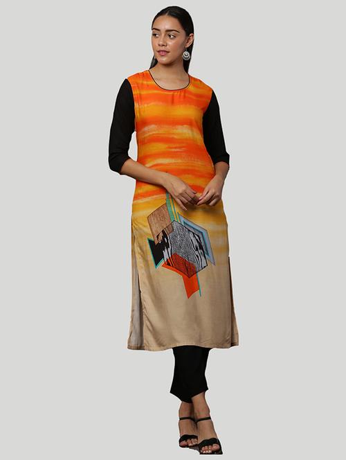 round neck printed straight kurta - 21100492 - Very Small Image - 1
