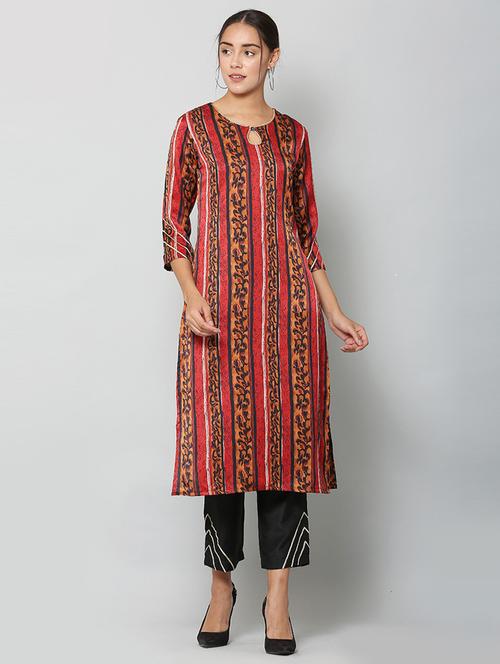 women maroon key hole neck kurta pant set - 21100679 - Very Small Image - 1