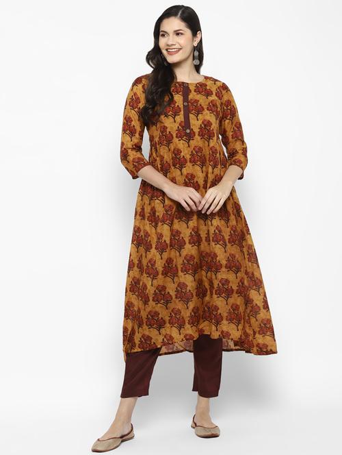 women mustard round neck kurta pant set - 21100706 - Very Small Image - 1