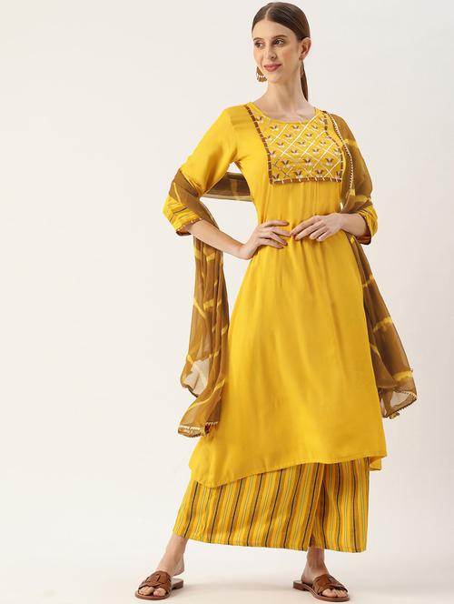 women yellow round neck kurta palazzo set - 21100713 - Very Small Image - 1