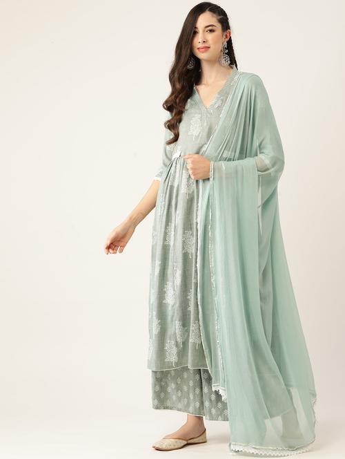 neo mint kurta palazzo set with dupatta - 21100733 - Very Small Image - 1