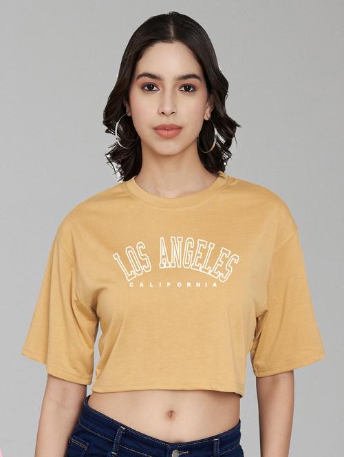 women beige typographic printed crop t-shirt - 21102950 - Very Small Image - 1