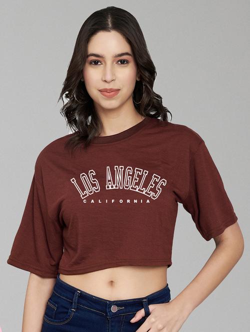 women brown typographic printed crop t-shirt - 21102951 - Very Small Image - 1