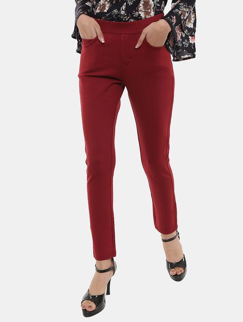 women solid maroon cotton jeggings - 21103172 - Very Small Image - 1