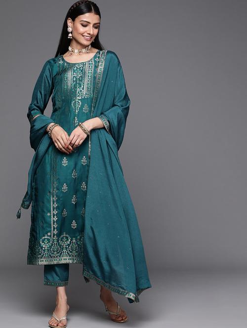 teal blue self design detailed suit set - 21112857 - Very Small Image - 1