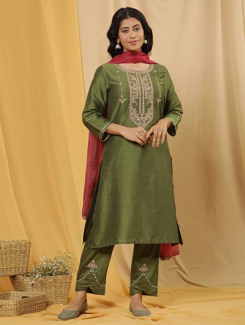 women three quarter sleeve kurta pant set with dupatta - 21113588 - Very Small Image - 1