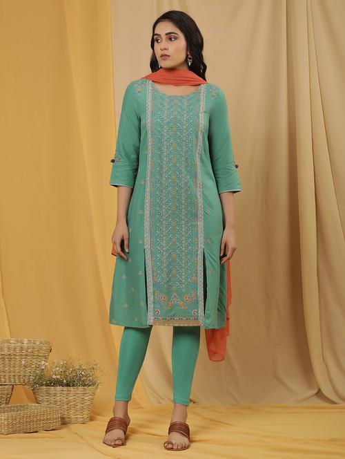 women three quarter sleeve kurta legging set with dupatta - 21113641 - Very Small Image - 1