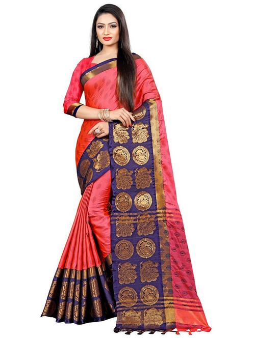 women peach self design zari bordered saree with blouse - 21116185 - Very Small Image - 1