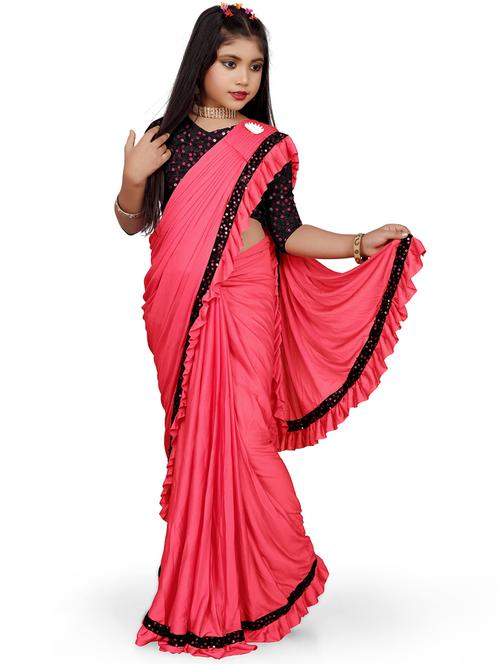girls coral pink sequins detailed saree - 21129305 - Very Small Image - 1