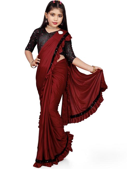 girls maroon sequins detailed saree - 21129307 - Very Small Image - 1
