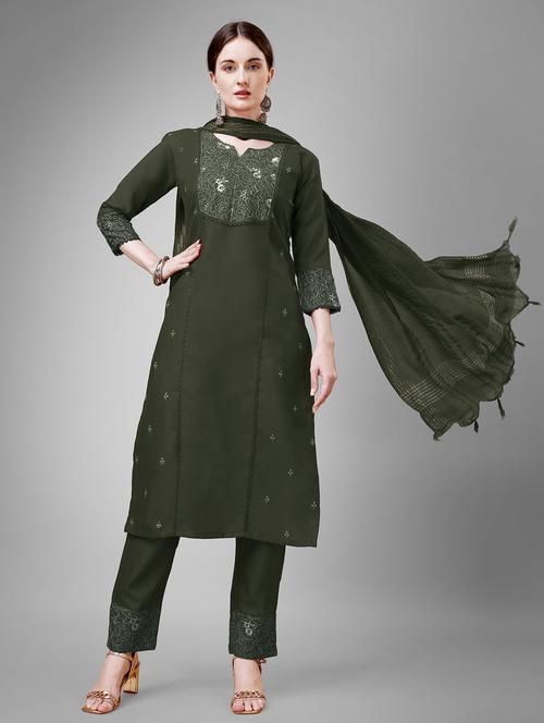 women olive notch neck suit set - 21129373 - Very Small Image - 1