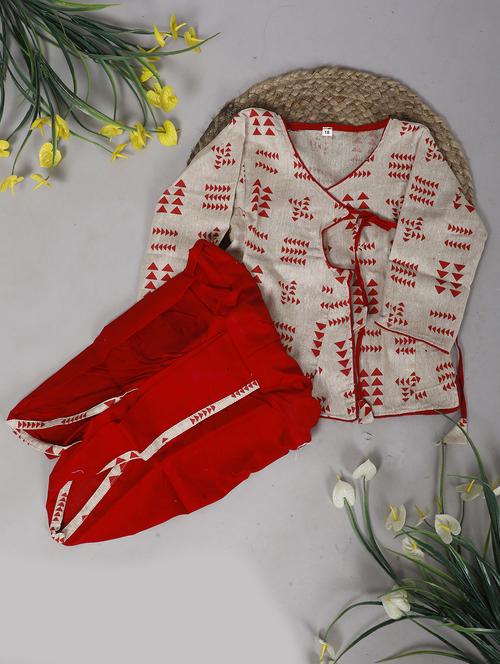 boys beige & red printed detailed kurta & dhoti set - 21130063 - Very Small Image - 1