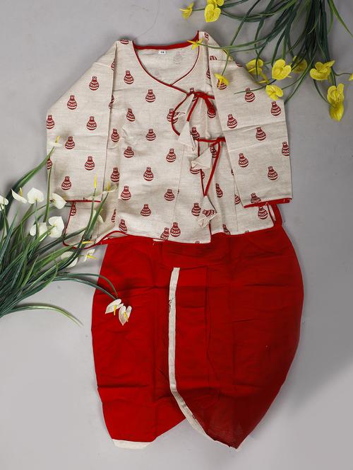 boys beige & red printed detailed kurta & dhoti set - 21130070 - Very Small Image - 1