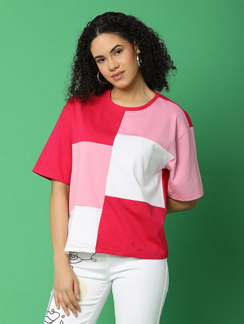 women round neck color block t-shirt - 21131190 - Very Small Image - 1