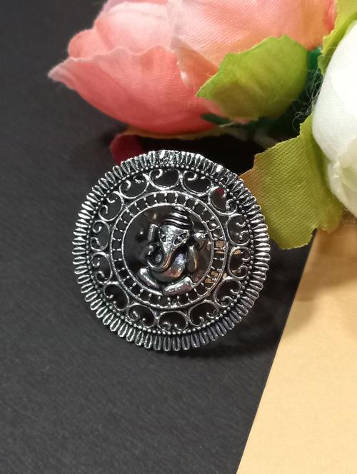 round oxidised silver ganesha finger ring - 21132188 - Very Small Image - 1