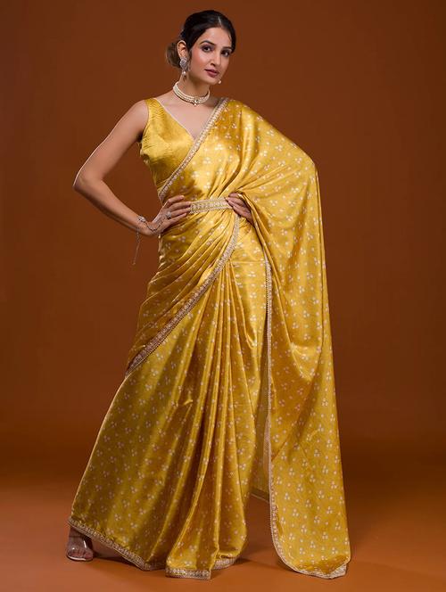 yellow bandhani printed saree with blouse - 21134334 - Very Small Image - 1