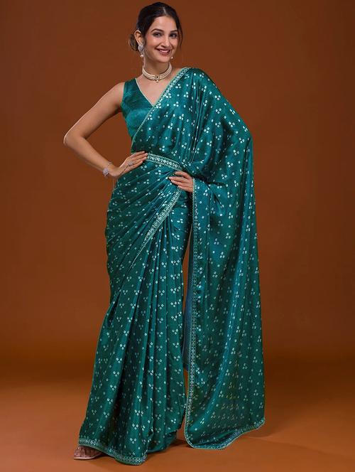 teal bandhani printed saree with blouse - 21134335 - Very Small Image - 1