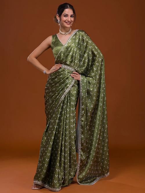 olive bandhani printed saree with blouse - 21134336 - Very Small Image - 1