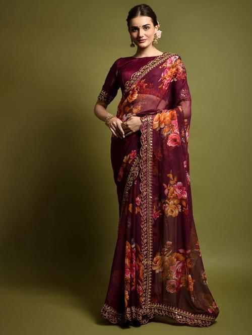 women floral printed saree with blouse - 21134346 - Very Small Image - 1