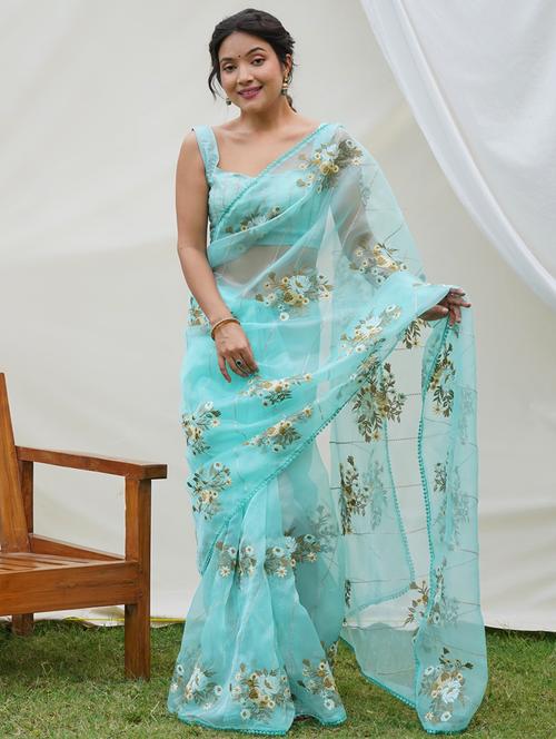 light blue organza embroidered saree - 21134400 - Very Small Image - 1