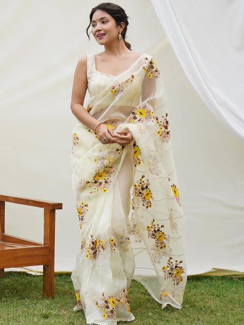 off white organza embroidered saree - 21134401 - Very Small Image - 1