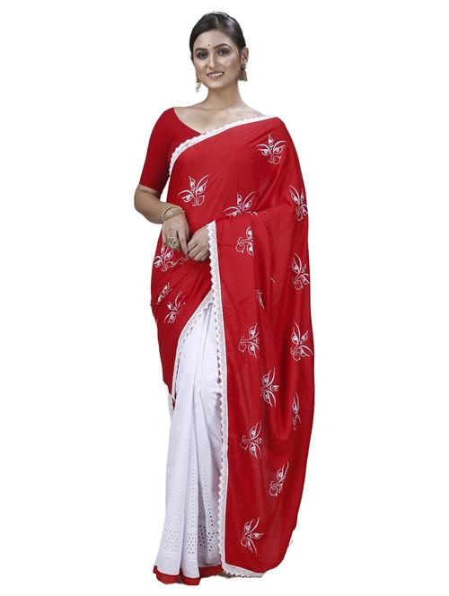 women red & white half & half saree - 21137129 - Very Small Image - 1