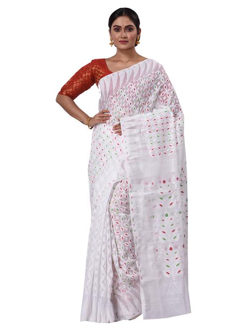 white cotton blend jamdani saree - 21137144 - Very Small Image - 1