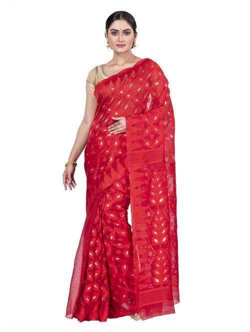 red cotton blend jamdani saree with blouse - 21137172 - Very Small Image - 1