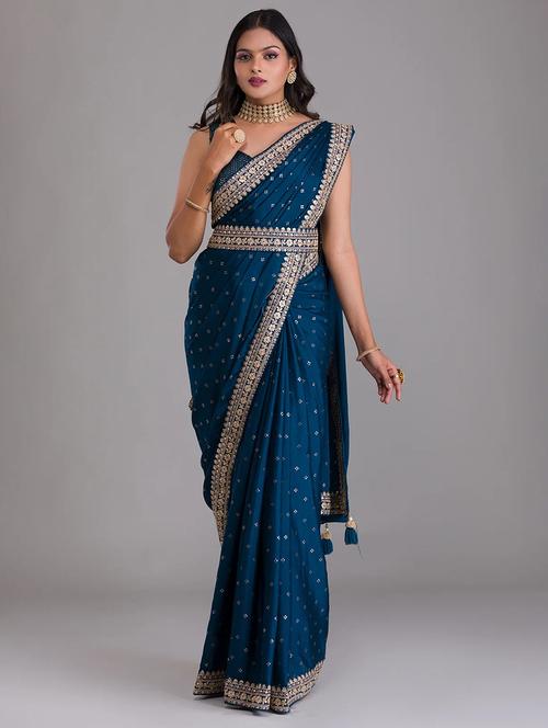 teal blue embroidered saree with blouse - 21139705 - Very Small Image - 1