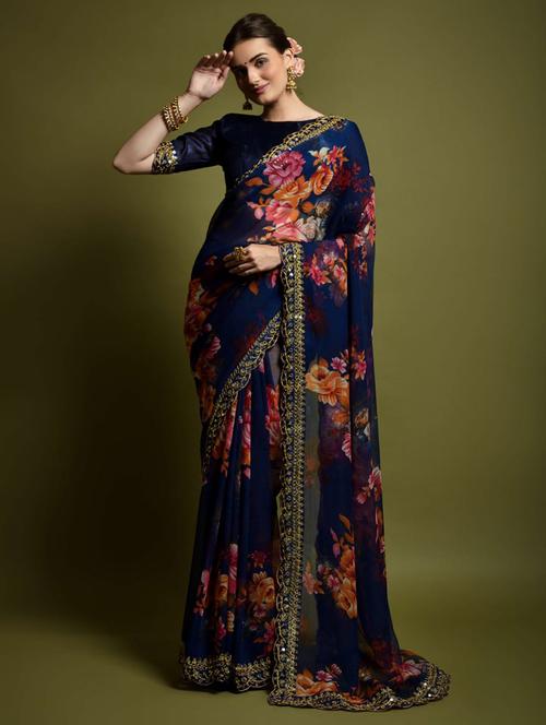 navy blue floral printed saree with blouse - 21139721 - Very Small Image - 1