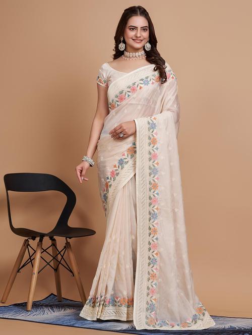 off white embroidered organza saree with blouse - 21139758 - Very Small Image - 1