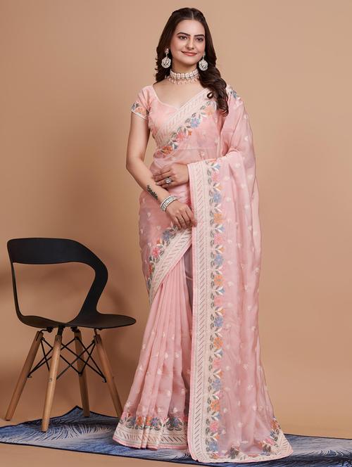 peach organza embroidered saree - 21139760 - Very Small Image - 1
