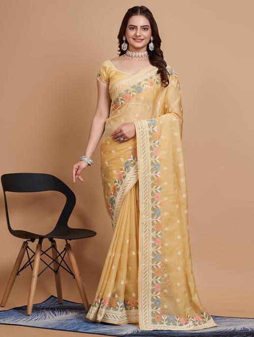 yellow organza embroidered saree - 21139761 - Very Small Image - 1