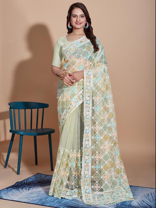 light green embroidered saree with blouse - 21139772 - Very Small Image - 1
