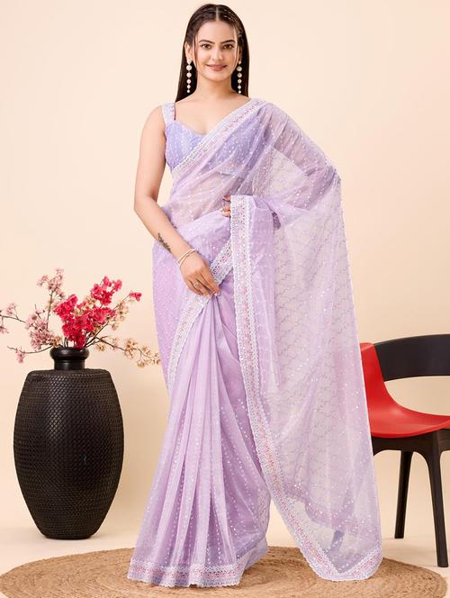 lavender net embroidered saree with blouse - 21139777 - Very Small Image - 1