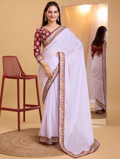 women solid with bordered saree with blouse - 21139813 - Very Small Image - 1