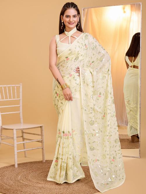 off white organza embroidered saree with blouse - 21139826 - Very Small Image - 1
