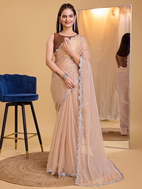 nude solid with bordered saree with blouse - 21139854 - Very Small Image - 1
