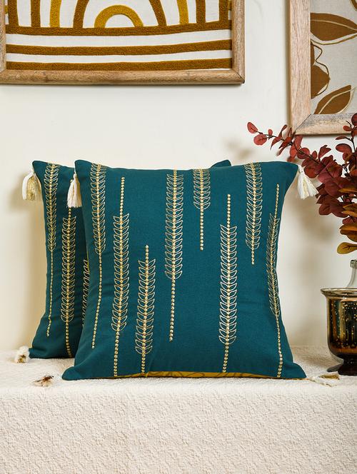 ratan cart teal velvet embroidery with gold zari thread work 16x16 inch cushion cover set of 2 - 21140162 - Very Small Image - 1