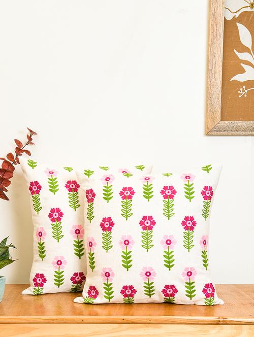 ratan cart pink cotton floral booti embroidery 16x16 inch cushion cover set of 2 - 21140163 - Very Small Image - 1